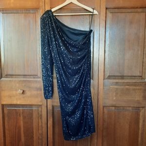 Shein black sequin one shoulder ruched side evening dress
